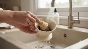A glass jug and filter basket from an electric Melitta filter coffee machine being cleaned in a home kitchen sink.