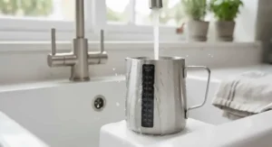 Hand gently wiping down the exterior of a stainless steel milk jug equipped with a waterproof thermometer strip under a kitchen tap.
