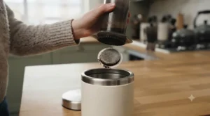 Discarding a used round paper filter and coffee puck directly into a food waste recycling caddy.