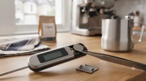 A stainless-steel jug fitted with a clip-on digital coffee thermometer clamped securely to the side.