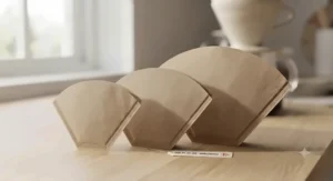 Different sizes of paper coffee filters laid side by side to help British buyers choose the right fit.