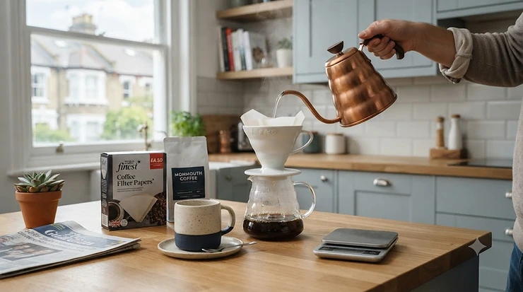 A selection of high-quality coffee filter papers under £10 neatly arranged next to a V60 dripper on a wooden kitchen counter. coffee filter papers under £10
