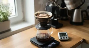 A close-up view of fresh coffee grounds being measured with a digital brew timer during a pour-over routine.