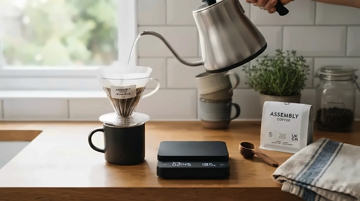 Digital coffee scales with an integrated timer resting on a wooden countertop next to a pour-over dripper. coffee scales with timer