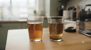 Clear glass cups demonstrating the slight sediment difference in coffee brewed using a metal filter versus paper.