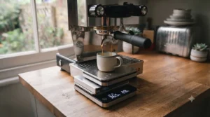 A compact, water-resistant digital coffee scale placed on the drip tray of a traditional espresso machine beneath a portafilter.