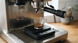 Compact coffee scales with timer placed on an espresso machine drip tray under a portafilter spout.