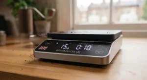 A slimline Brewmaster UK 0.1g precision coffee scale stored compactly next to a small ceramic bowl of coffee beans and a hand grinder.