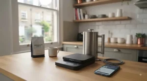The compact, minimalist black Bluetooth coffee scales positioned neatly beside a stainless steel cafetiere on a light oak worktop. The scene emphasises the slim profile and small footprint of the scales, making them suitable for various brewing setups.
