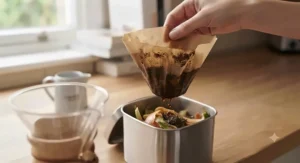 Used natural brown Chemex filter paper filled with spent coffee grounds being placed into a food waste caddy.