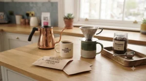 A variety of coffee filter papers arranged on a wooden counter, including brown cone filters, white cone filters, and white basket-style filters, showing options for different UK coffee makers.