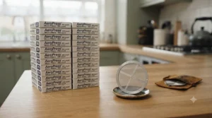 A stack of paper filter boxes compared against a single lifetime metal filter to illustrate long-term savings.