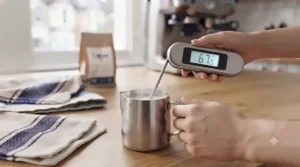 A versatile digital coffee thermometer being used to check the temperature of brewed loose-leaf tea in a teapot.