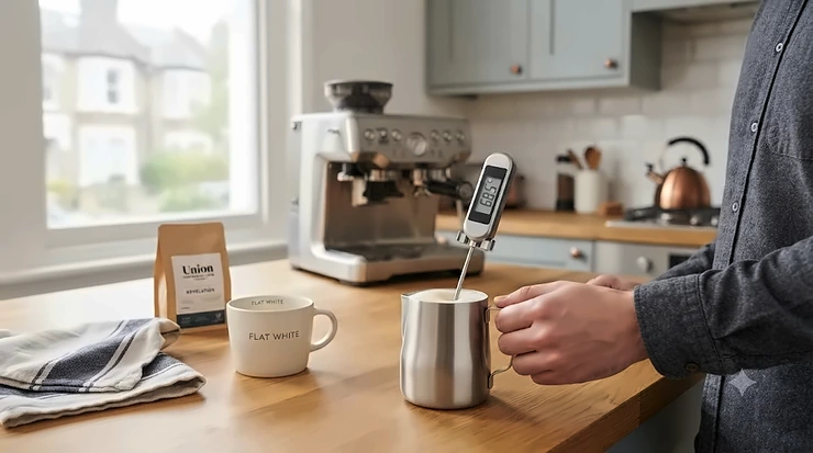 A sleek digital coffee thermometer inserted into a steaming ceramic mug of flat white on a wooden kitchen worktop. digital coffee thermometer