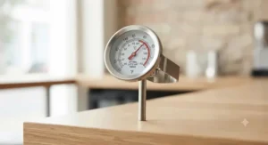 Close-up of a clear dial on a milk thermometer showing the ideal temperature zone for silky flat whites and lattes.