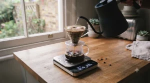 A barista using a slim digital coffee scale underneath a V60 dripper to monitor water flow and extraction time during pour-over brewing.
