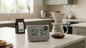 Digital timer placed next to a ceramic pour-over coffee dripper for accurate extraction time.
