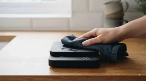 Wiping down the smooth, wipe-clean surface of a modern digital coffee scale with timer.