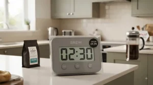 Close-up of a digital kitchen timer screen showing clear, easy-to-read digits for precise coffee brewing time.