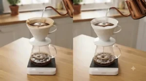Plastic-free, recycled kraft paper packaging for biodegradable unbleached coffee filters sits next to a polished stainless steel cafetiere on a wooden kitchen counter, common in UK homes.