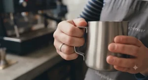 Ergonomic open handle on a milk pitcher ensuring a comfortable, secure grip while steaming milk.