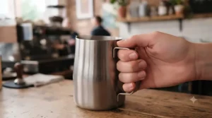 Barista holding an ergonomic milk frothing jug handle for a steady pour