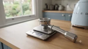 A slim digital coffee scale fitting neatly on the drip tray underneath a home espresso portafilter.