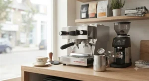 A cosy UK kitchen coffee setup featuring an espresso machine, jug, and milk thermometer ready for morning brews.