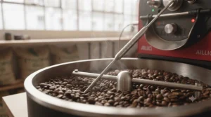 Compact countertop home coffee roaster equipped with an accurate digital probe thermometer.