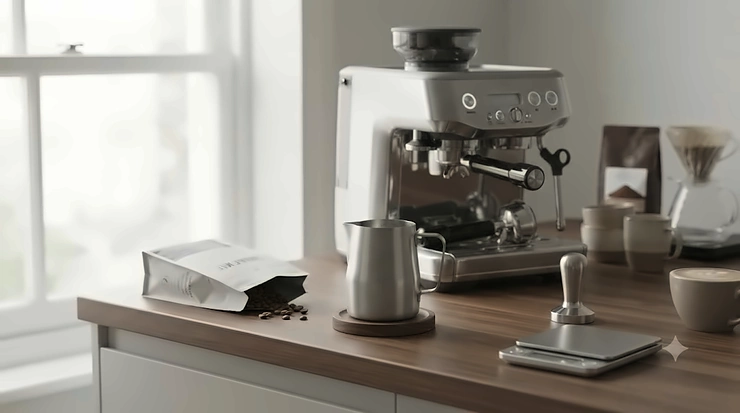 Stainless steel milk pitcher next to a domestic espresso machine on a modern British kitchen counter. stainless steel milk pitcher