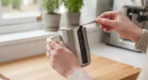Close-up of a pair of hands carefully applying a sticky LCD thermometer strip to the outside of a metal milk steaming pitcher.