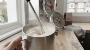 Barista attaching an adjustable clip thermometer to the side of a stainless steel milk jug for home espresso making.
