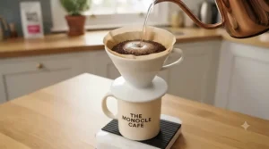 A close-up view in a light-filled London kitchen shows a ceramic V60 dripper sitting on top of 'THE MONOCLE CAFE' mug, with a natural brown unbleached filter paper inside, ready for a pour-over brew.