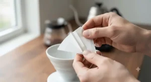 Hands demonstrating how to fold the textured seam of a V60 filter paper before placing it into the dripper.