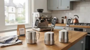Step-by-step graphic showing a digital coffee thermometer probing milk in a stainless-steel jug for the ideal temperature.