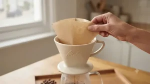 Step-by-step demonstration of placing a paper Melitta coffee filter inside a manual pour-over dripper before adding ground coffee.