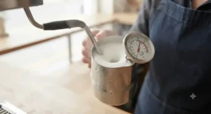 Barista steaming milk in a stainless steel jug with a milk thermometer attached to the side for precision.