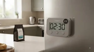 Affordable digital timer attached to a kitchen fridge door with a magnetic back, perfect for timing your morning coffee.