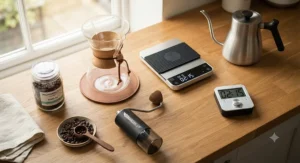 A flat-lay arrangement of manual coffee brewing gear, including a hand grinder, Chemex, and a portable brew timer.