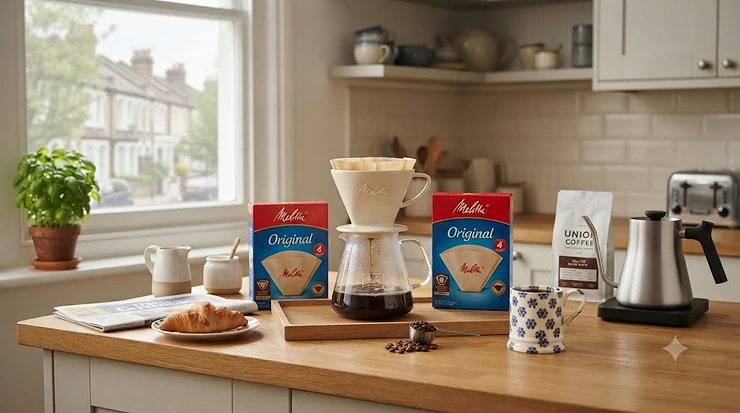 A box of Melitta coffee filters next to a ceramic pour-over cone and a mug of freshly brewed filter coffee on a wooden kitchen counter. Melitta coffee filters