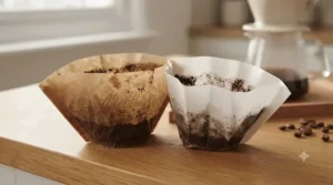 Close-up comparison of natural brown paper and eco-friendly bamboo Melitta coffee filters side by side.