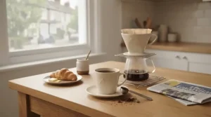 A morning cup of filter coffee brewed using a classic Melitta pour-over set sitting on a cosy breakfast table.