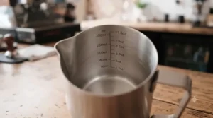 Interior view of a barista milk pitcher showing clear measurement markings for milk volume