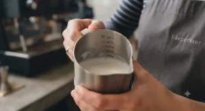 Internal laser-etched measurement lines inside a stainless steel coffee milk pitcher.