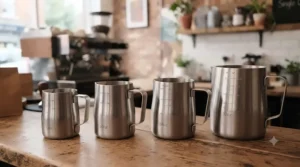 Line-up of different sized barista milk pitchers suitable for flat whites, lattes, and cappuccinos
