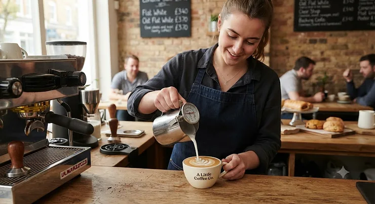 A stainless steel milk thermometer clipped to a jug of glossy microfoam, ready for pouring latte art in a British coffee shop. milk thermometer for latte art