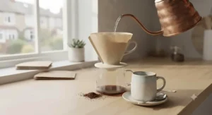 A cosy morning coffee setup featuring a mug, dripper, and cheap coffee filter papers ready for use.