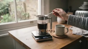 A cosy morning coffee setup in a British kitchen featuring a cafetiere, ceramic mug, and a reliable digital coffee scale.