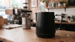 Matte black coated barista milk pitcher resting beside a commercial espresso machine