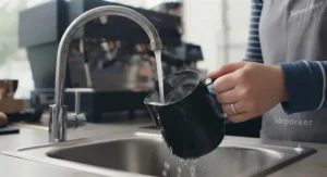 Easy-to-clean black non-stick milk pitcher being rinsed in a kitchen sink.